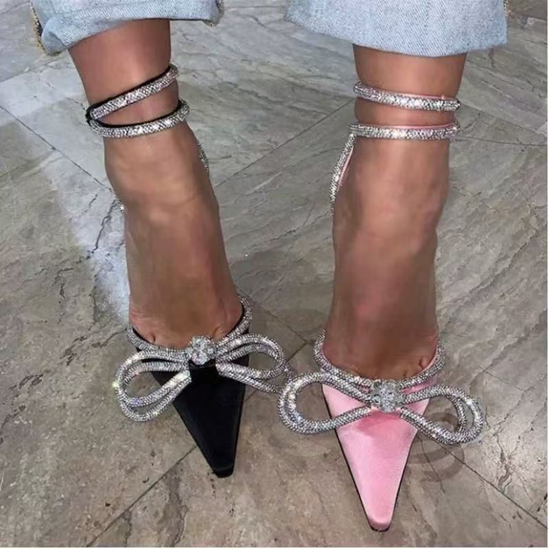 Bow Rhinestone Satin High Stiletto Pointed Toe Buckle Strap Heels