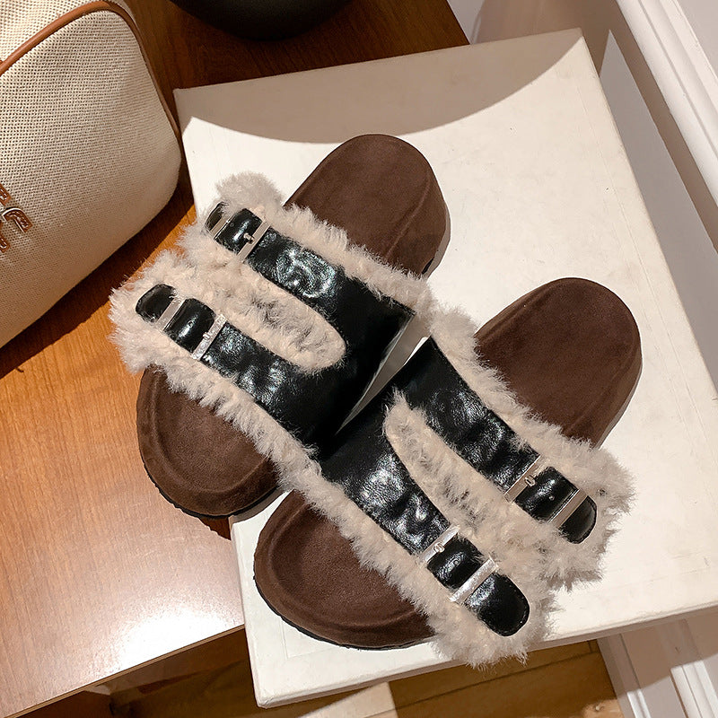 Women's Veet Buckle Thick Bottom Lamb Fur For Slippers