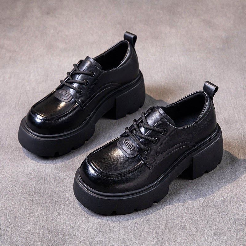 Women's Cowhide Autumn Authentic Platform Thick Bottom Retro Casual Shoes