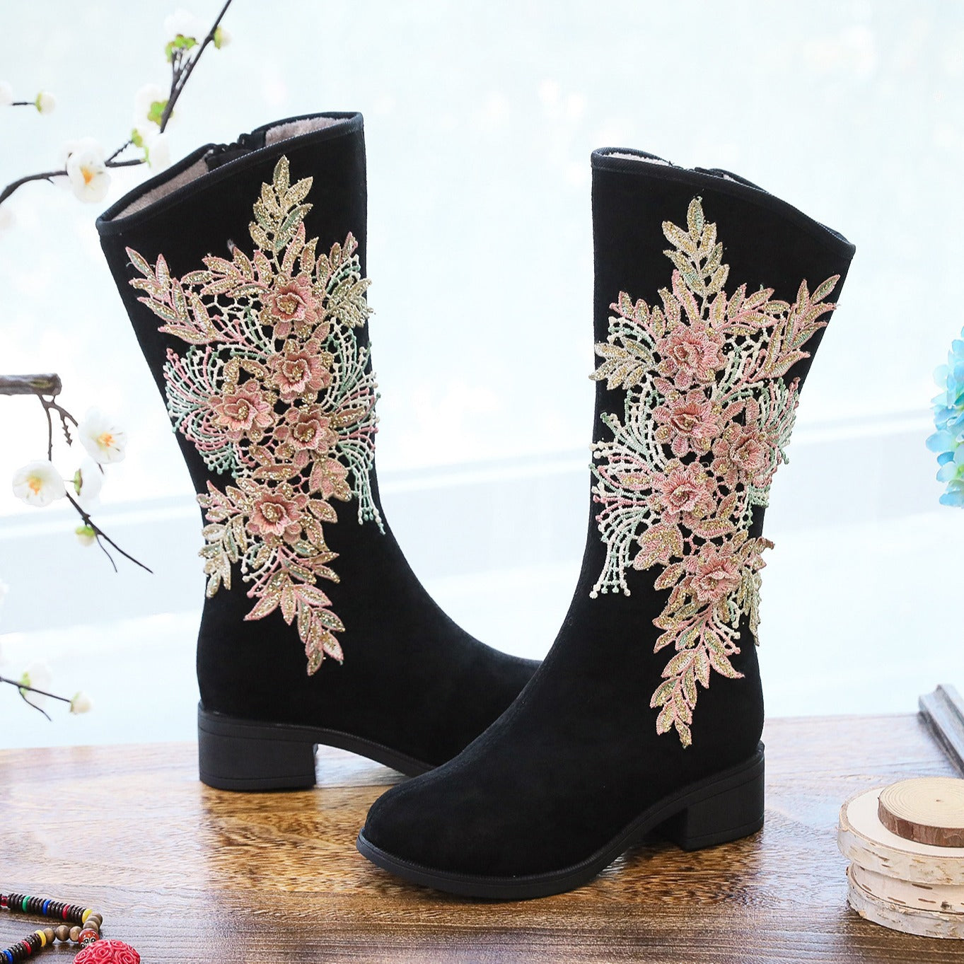 Women's Cotton Long Quilted Fleece-lined Winter Suede Snow Boots