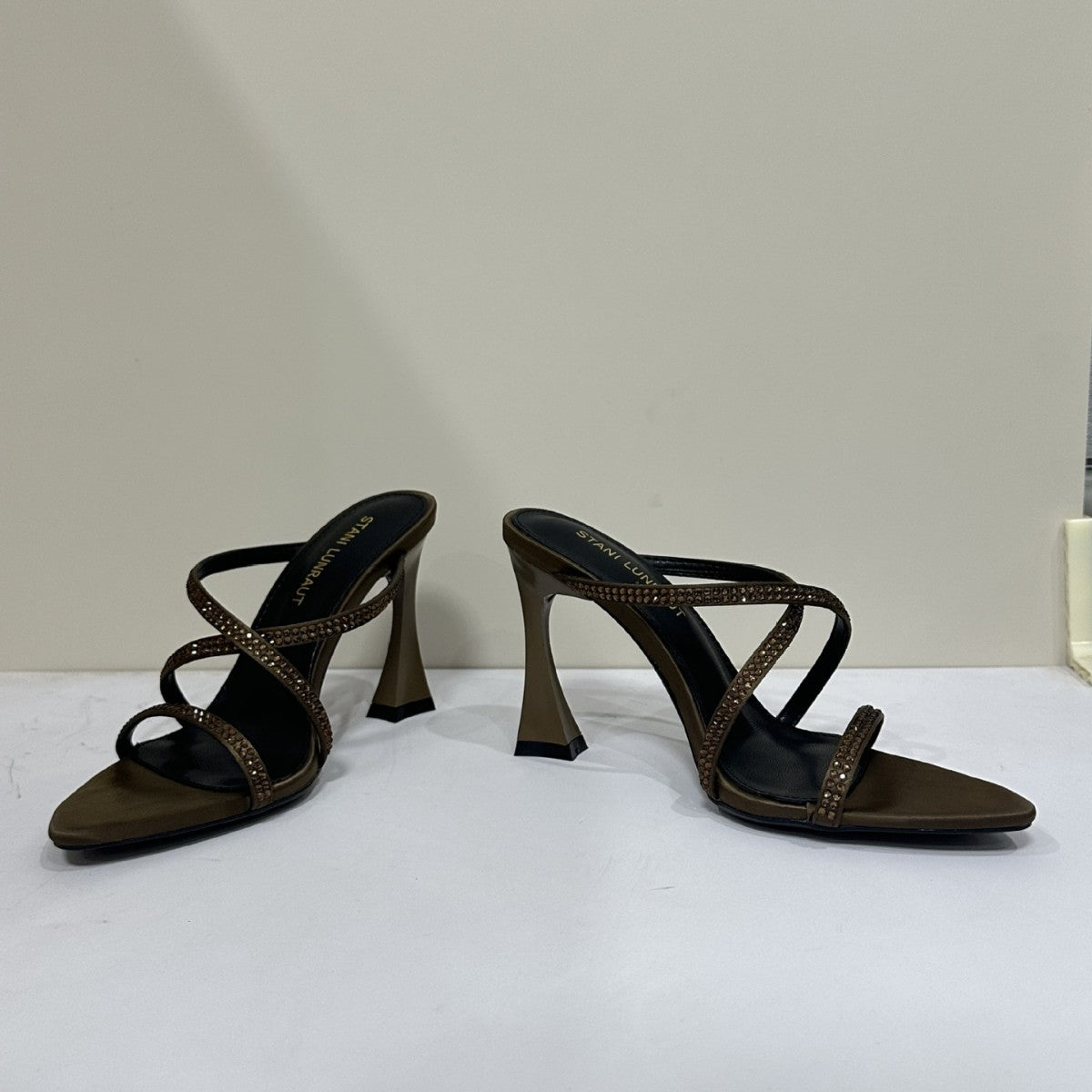 Black Satin Cross Rhinestone Pointed Sexy Heels