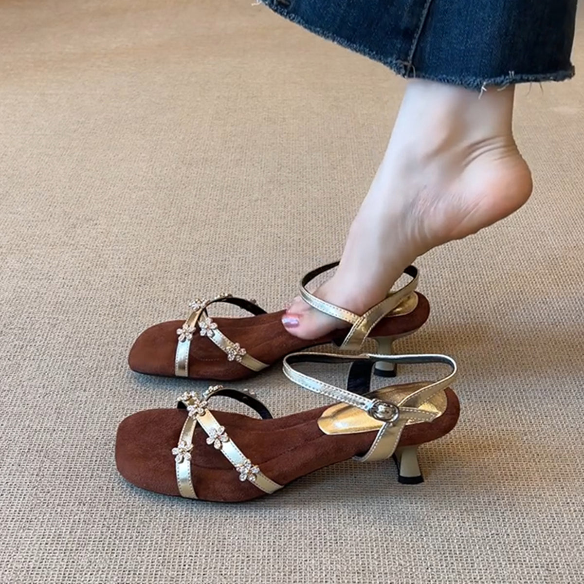 Women's Rhinestone Flower Square Toe Soft Elegant Inner Match Skirt Heels