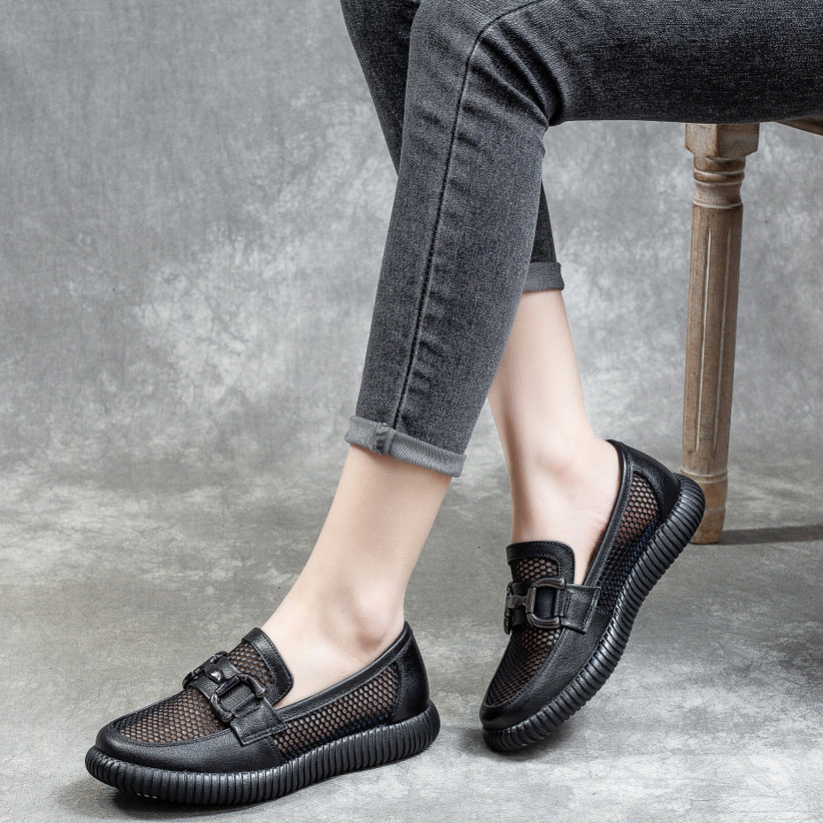 Women's Layer Cowhide Hollow Slip-on Breathable Pumps Loafers