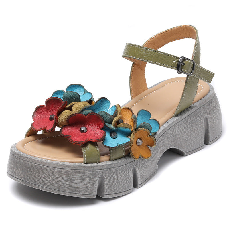 Women's Summer Ethnic Style Flower First Layer Cowhide Outer Sandals