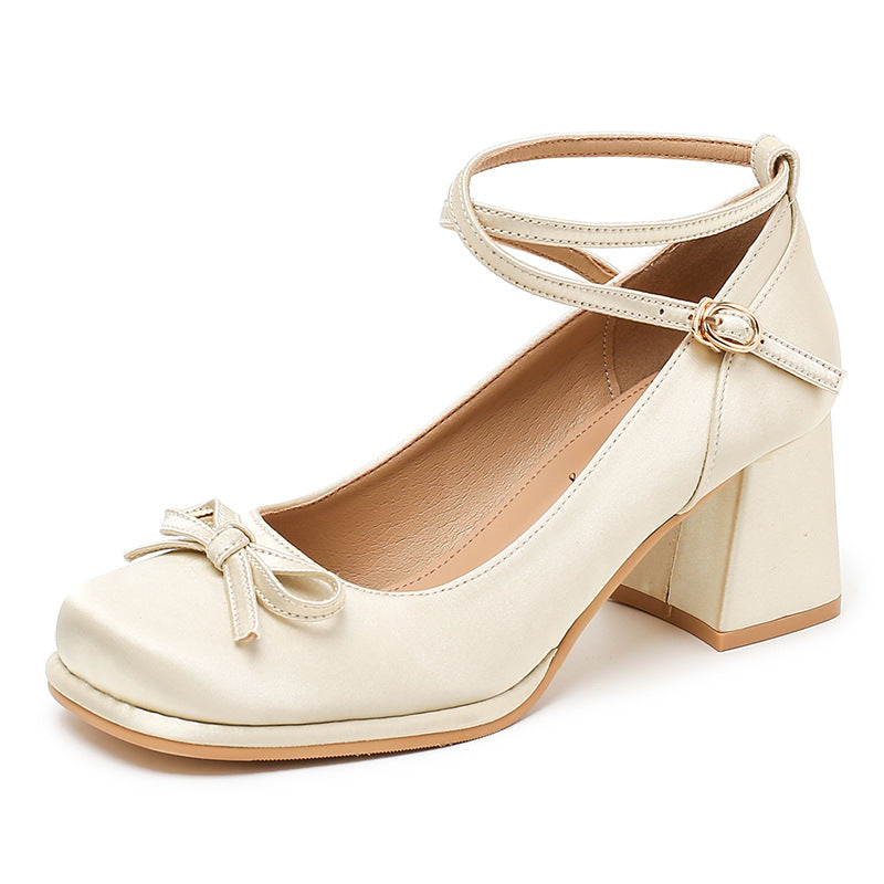 Women's Ballet Satin Cream High Waterproof Platform Shallow Mouth Mid Gentle Heels