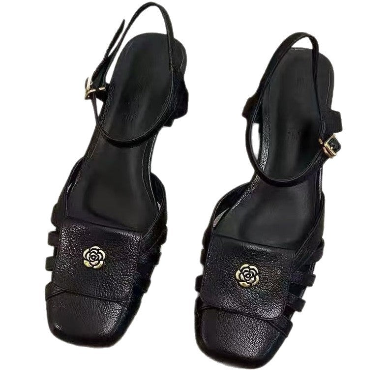 Women's Toe Chunky Closed Summer Sheepskin Soft Heels