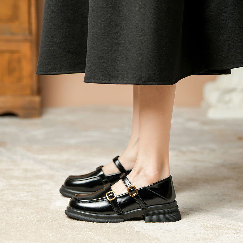 Female Round Toe Black Retro Chunky Loafers