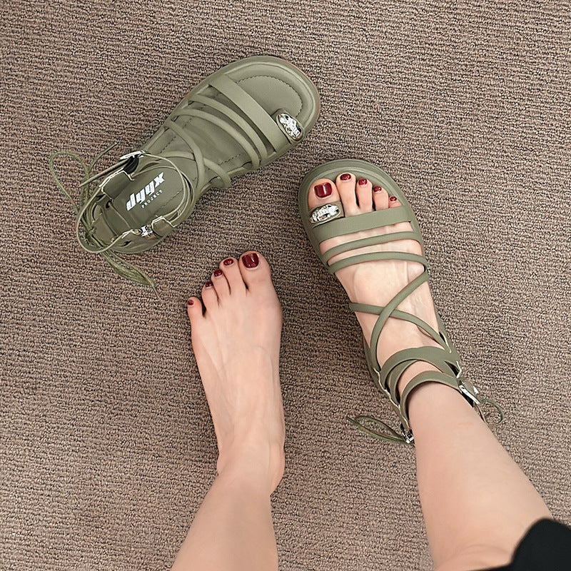 Women's Summer French Style High-grade Black Cross Strap Sandals