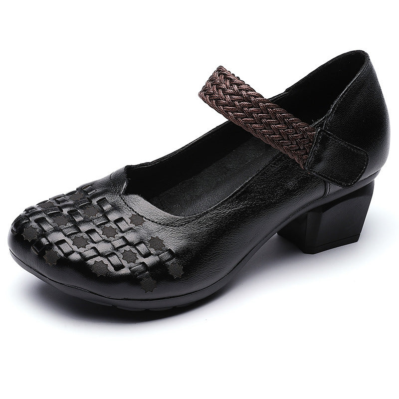 Women's Layer Cowhide Thick Mid Velcro Woven Round Head Brushed Casual Shoes