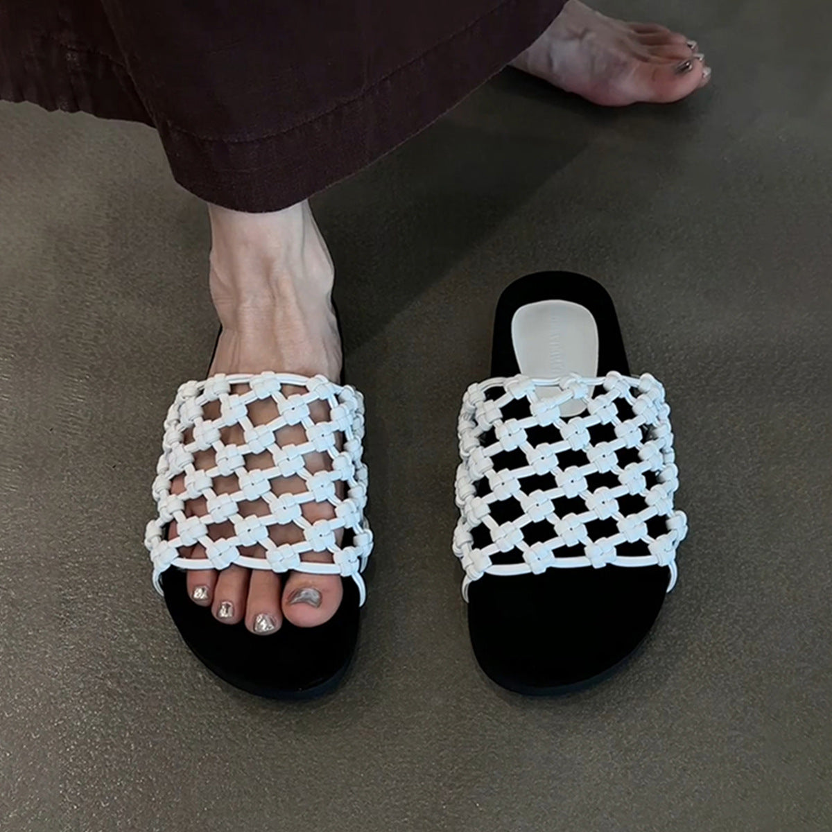Women's Sheepskin Version Hand-woven Fishnet Platform Beach Soft Slippers