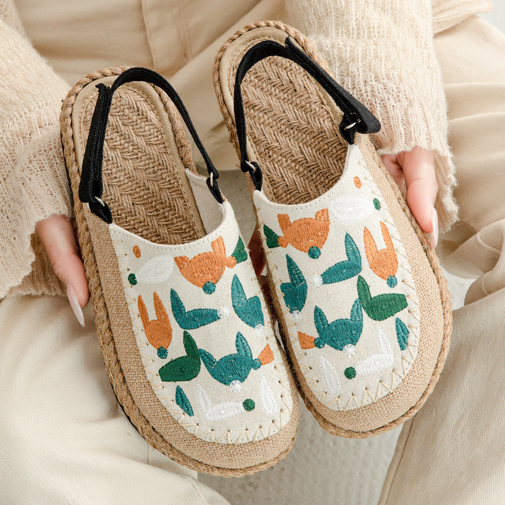 Fox Embroidery Flat Bottom Summer Deep Mouth Toe Sandals
