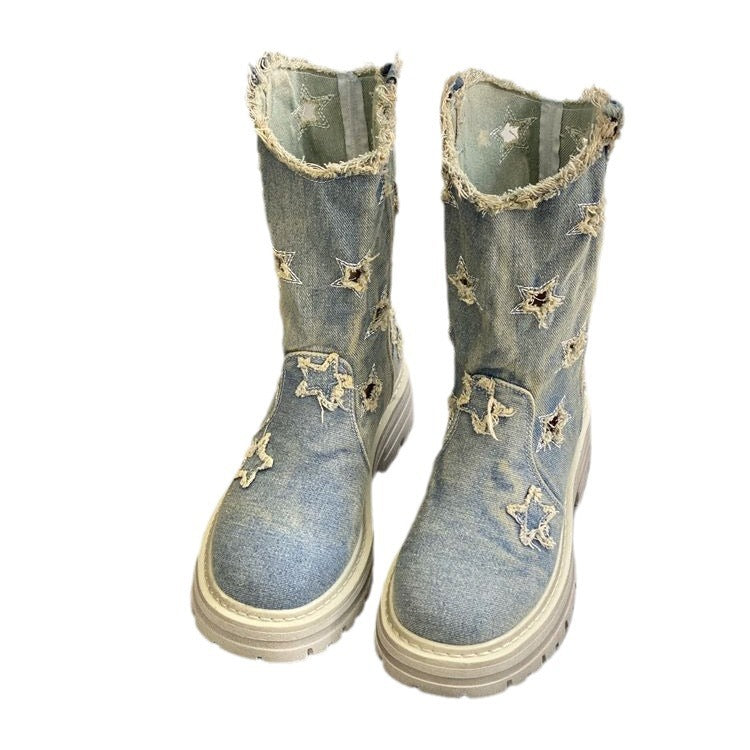 Women's Summer Western Denim Martin Mid Short Hollow Boots