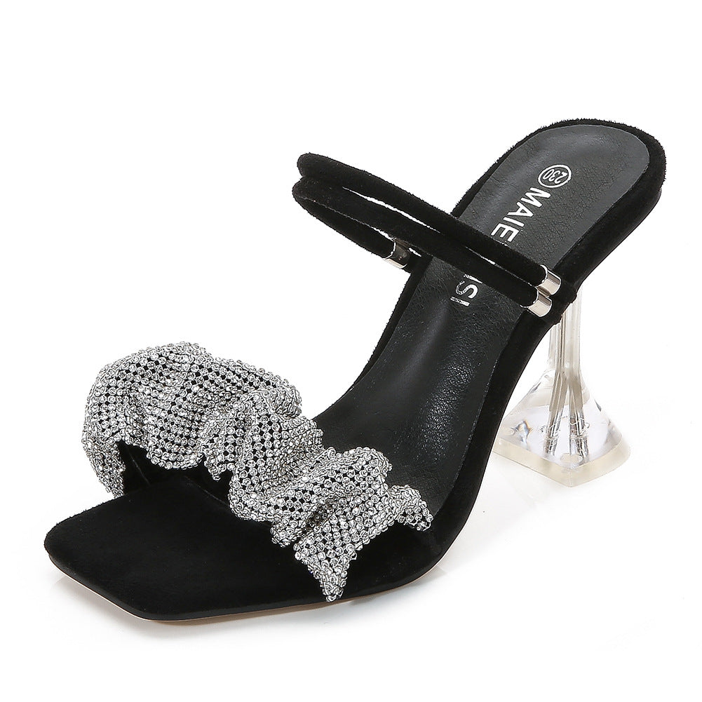 Women's Summer Hollow Korean Style Two-way Crystal High Stilettos Square Heels