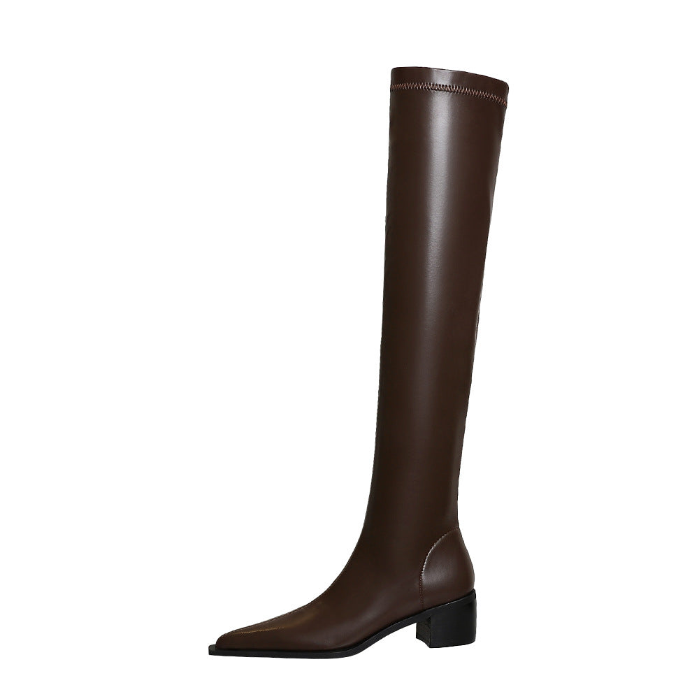 Women's Fashion Pointed Toe Chunky Slimming Versatile Stretch Boots