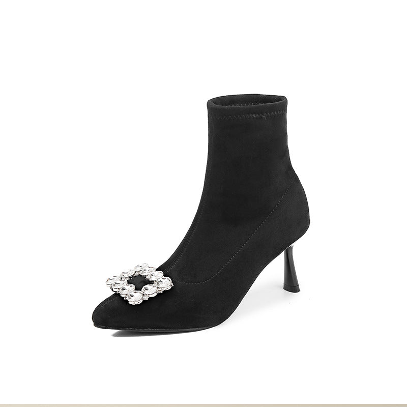 Women's Pointed Toe High-heeled Skinny Fleece-lined Rhinestone Boots