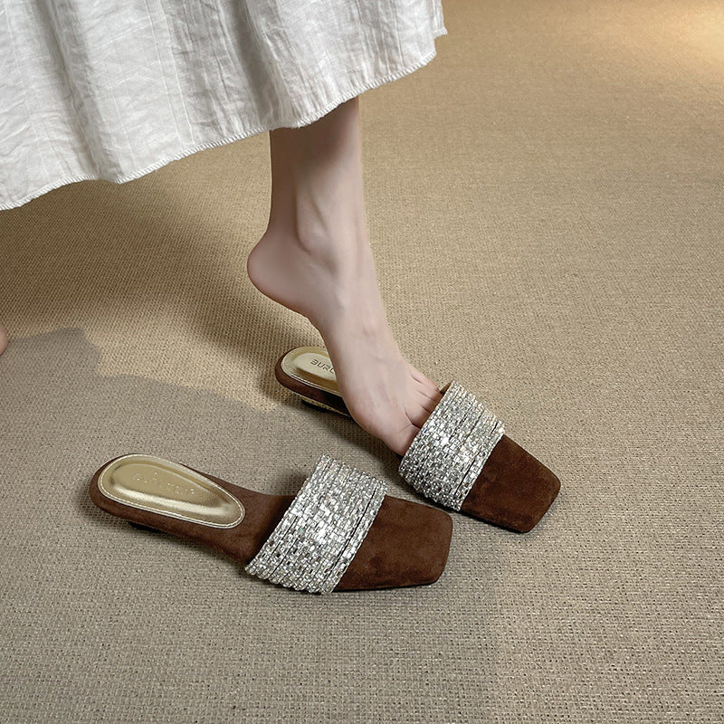 Delicate Rhinestone Slide Summer Wear Low Soft Bottom Wedge Slippers