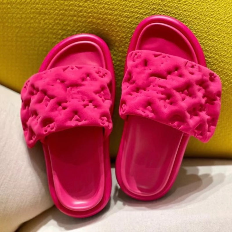 Women's & Men's Velcro Thick-soled Silk Satin Embossed One-word Sandals