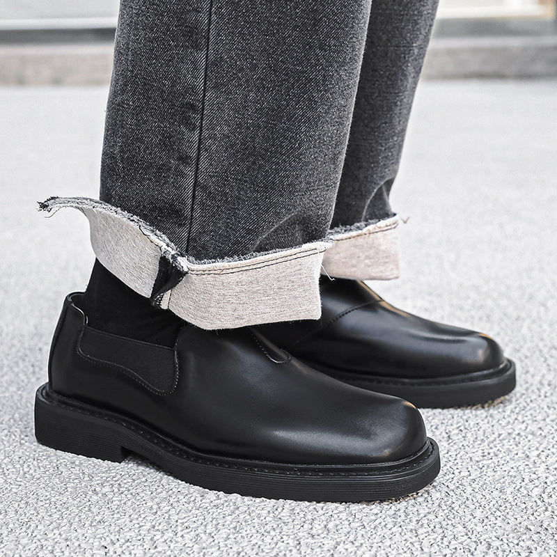 Men's Square Toe British Elastic Belt Slip-on Lofter Leather Shoes