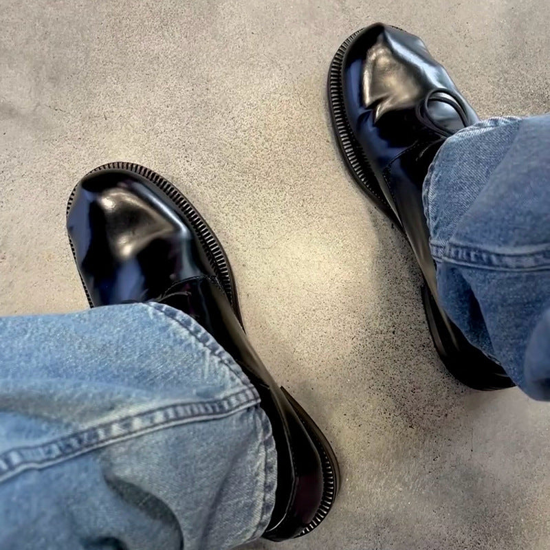 Women's & Men's On The Crooked Derby British Style Round Head Big Leather Shoes