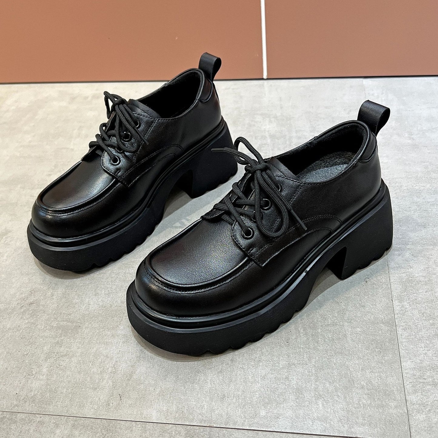 Women's British Style Chunky Platform First Layer Cowhide Loafers