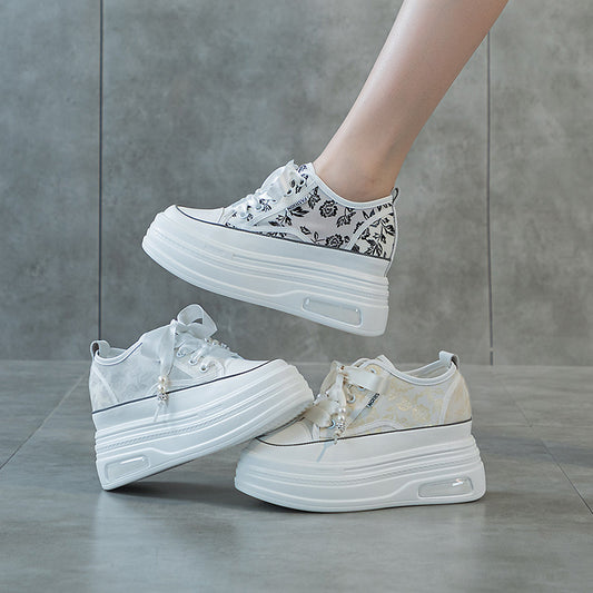 Women's Bottom Hidden White Mesh Breathable Sports Casual Shoes