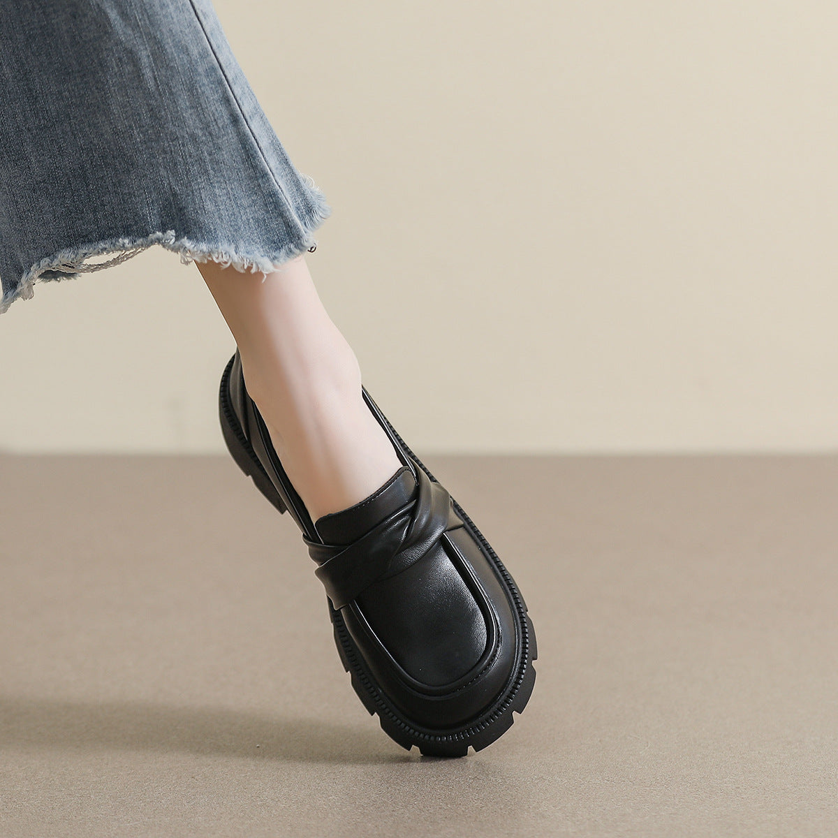 Platform Female Slip-on Black Vintage Preppy Loafers
