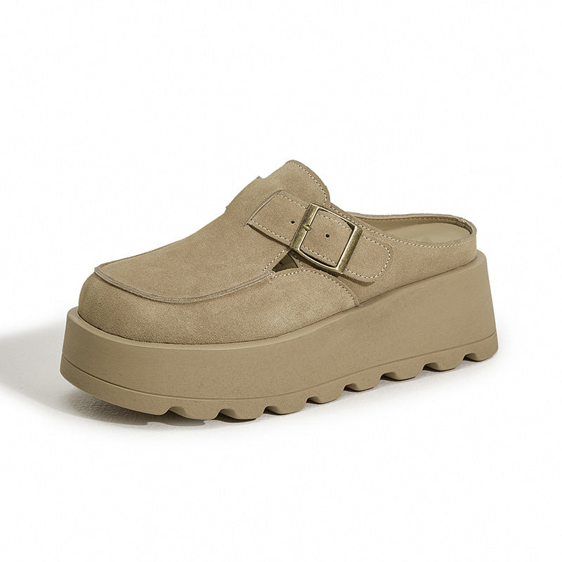 Women's Thick Bottom Elevator Wild Genuine Muffin Closed Toe Half Slippers