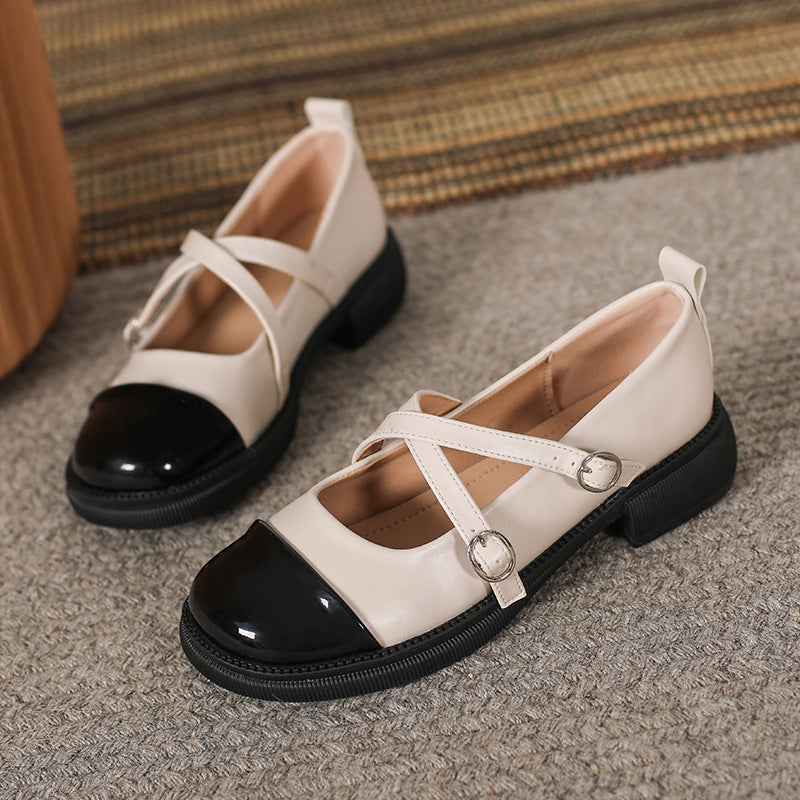 Women's With Color Block Chunky Pumps Mary Leather Shoes