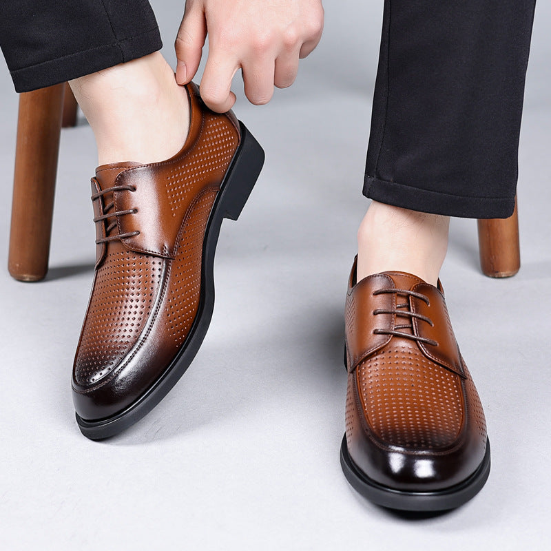 Men's Cowhide Soft Bottom Breathable Hollow Business Leather Shoes