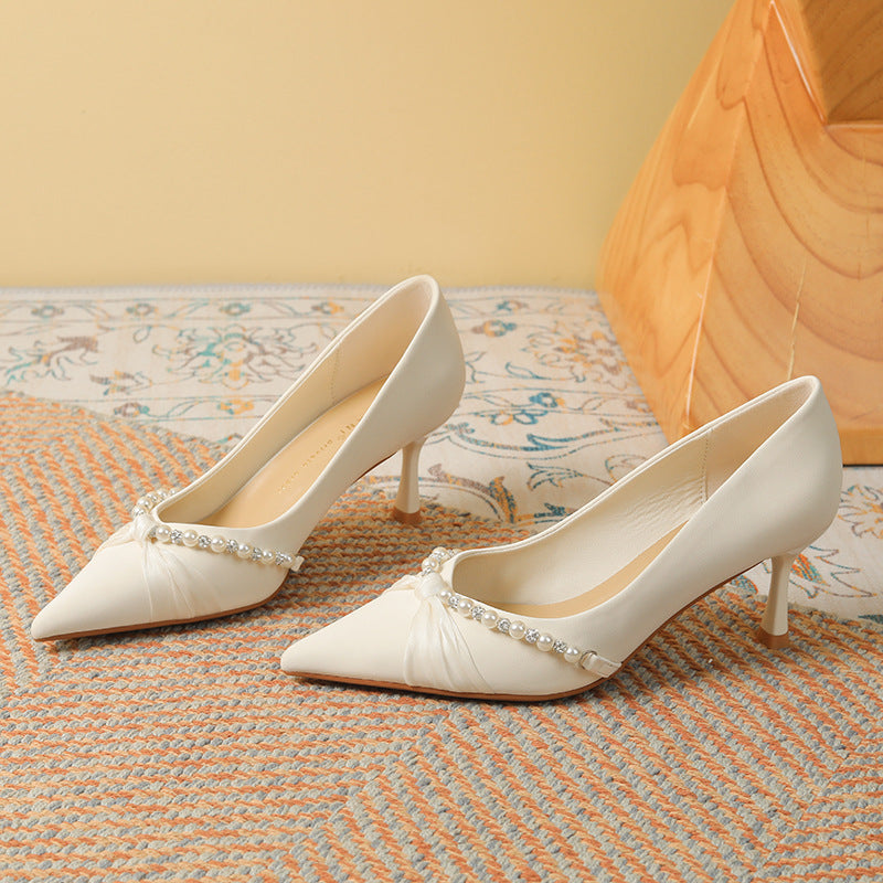 Women's Twisted Pearl Wedding Bridal Satin Sheepskin Elegant High Heels