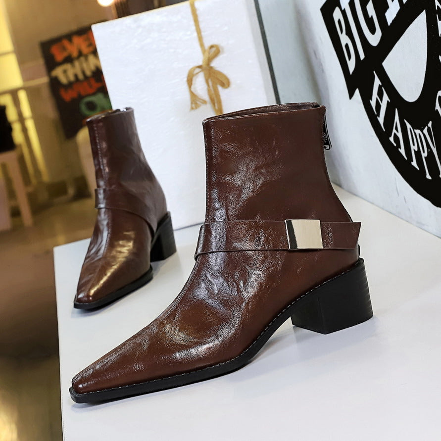 Chunky Pointed Toe Metal Buckle Knight Boots