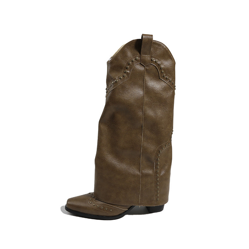 Women's Million Single Retro Pointed Rivets Pantyhose Boots
