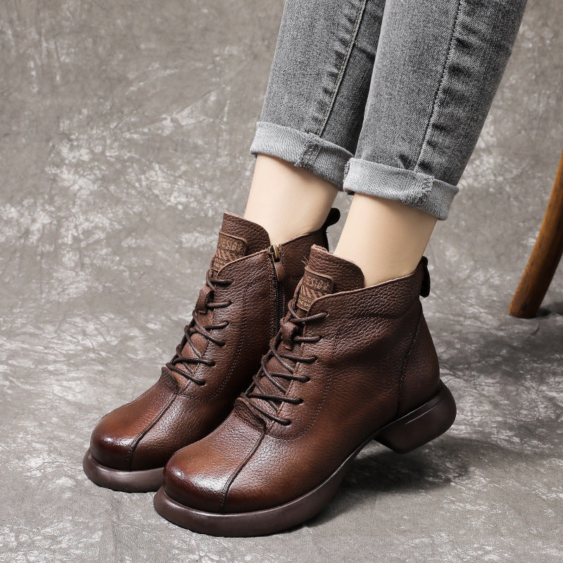Women's Thick Soft Bottom Top Layer Cowhide Booties Boots