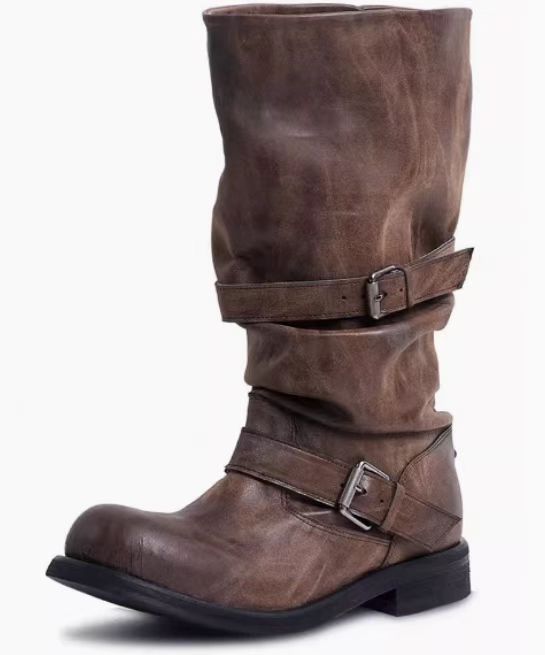 Women's Belt Buckle Pile Style Chunky Retro Distressed Boots