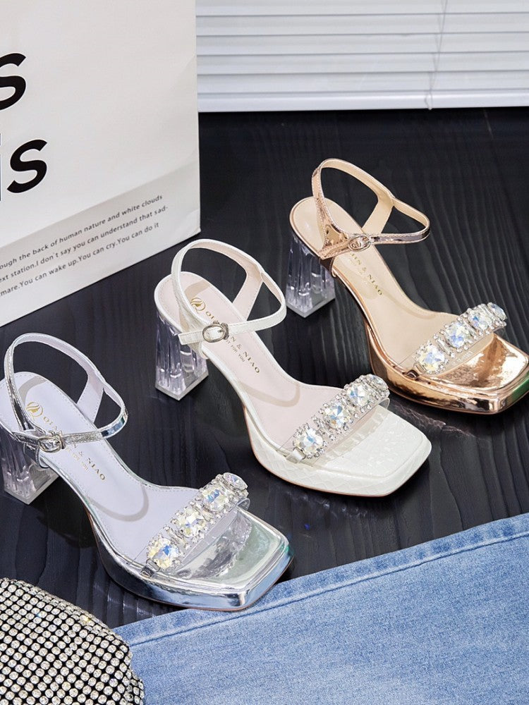 Women's Transparent Rhinestone Open Toe High Summer Heels