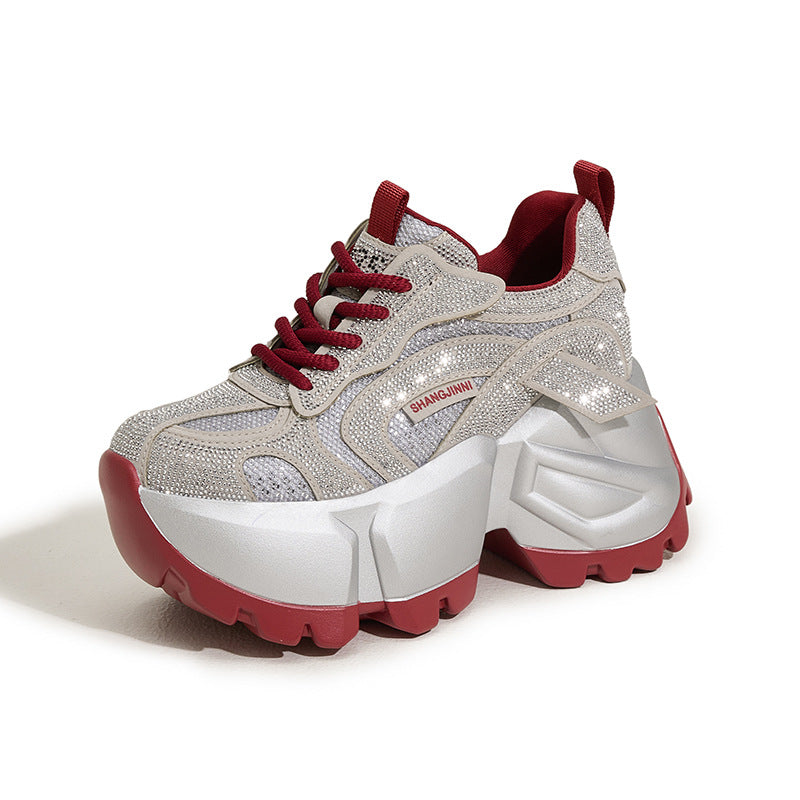 Women's Dad Fashion Rhinestone Platform Height Increasing Sneakers
