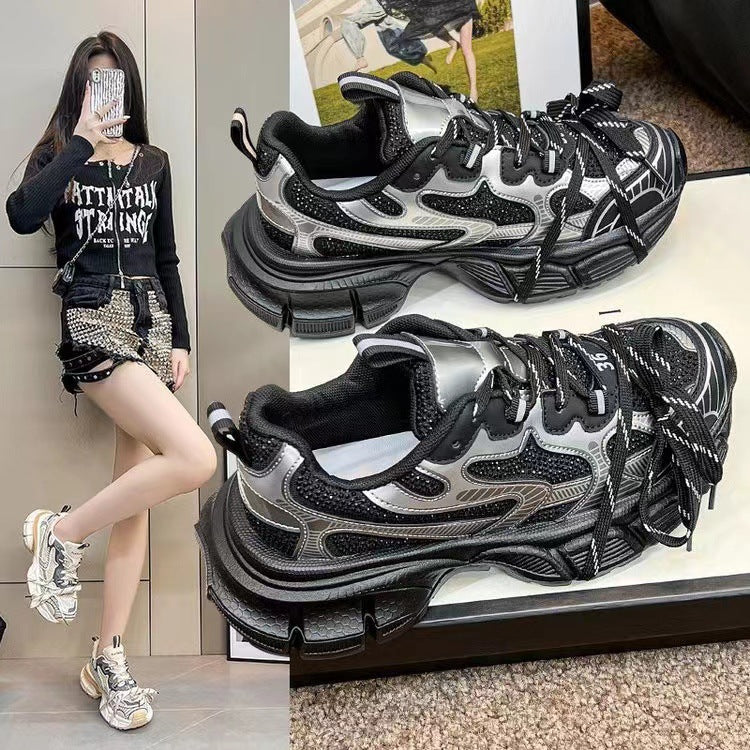 Women's Rhinestone Genuine Paris Dad Thick Bottom Sneakers