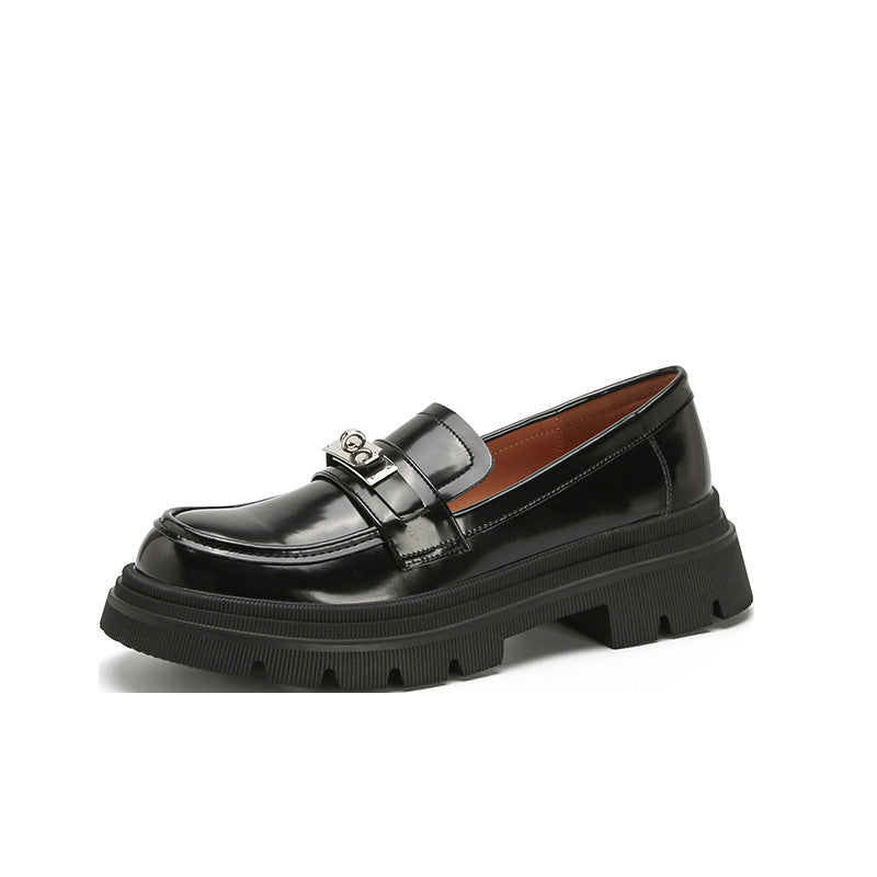 Cowhide Version Black Genuine Platform Female Loafers