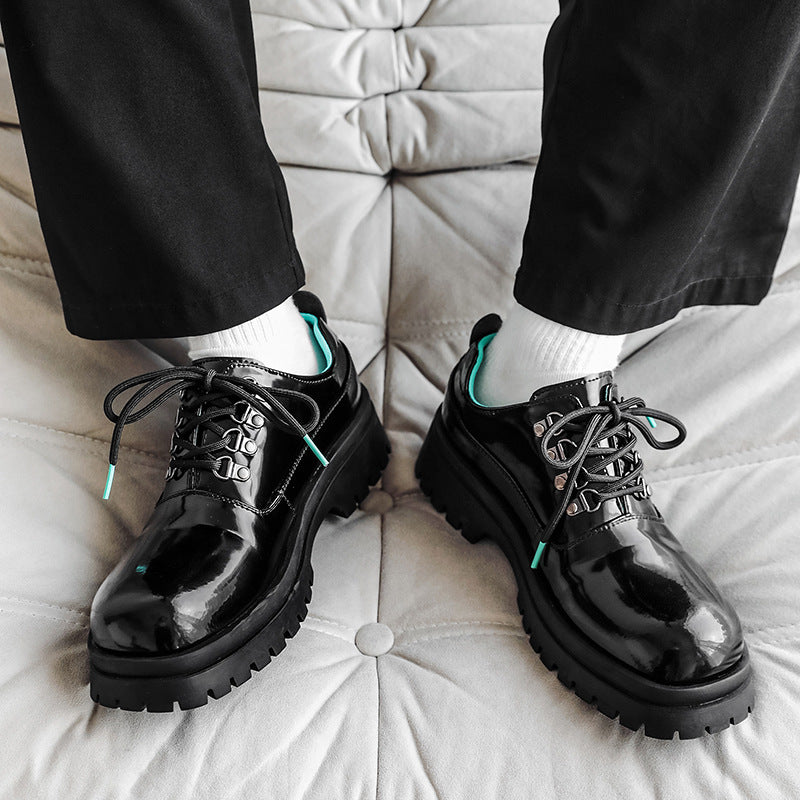 Men's Height Increasing Black Derby Niche Fashion Leather Shoes