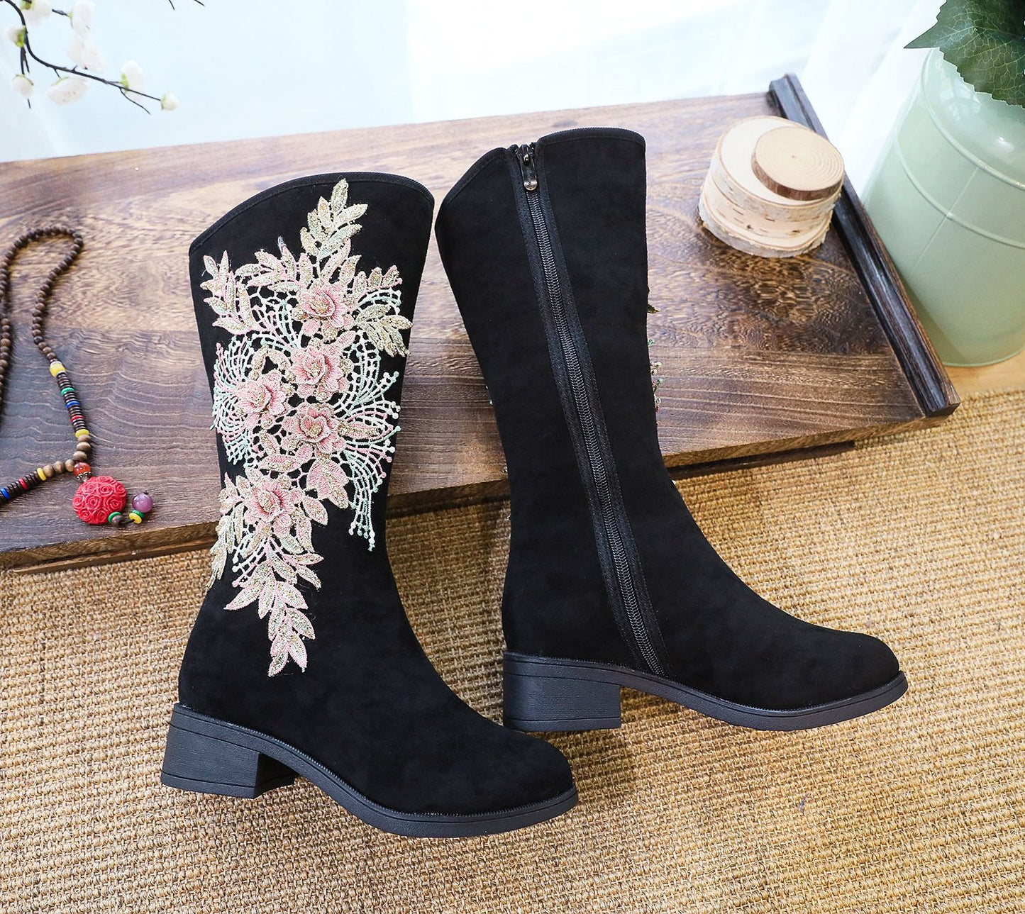 Women's Cotton Long Quilted Fleece-lined Winter Suede Snow Boots