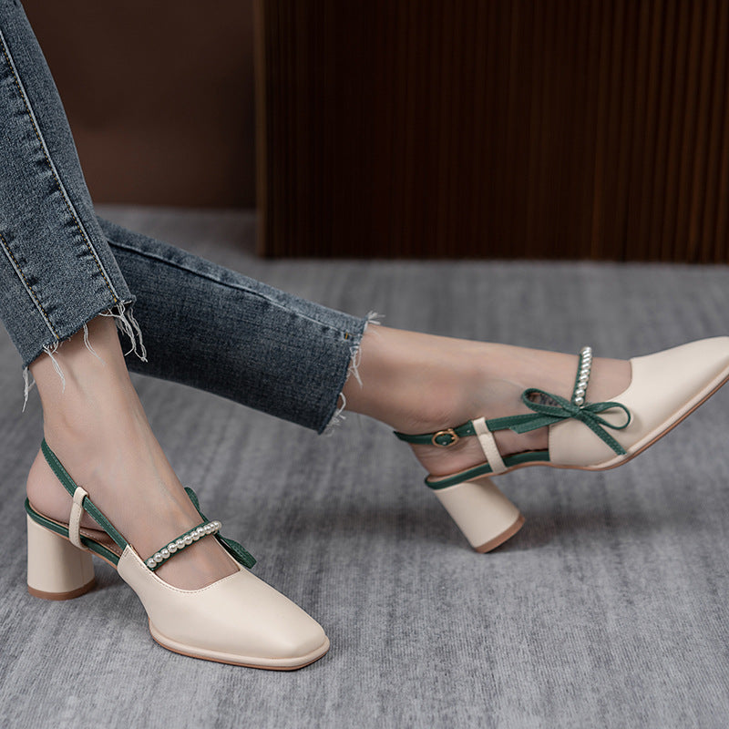 Style Chunky Spring Pearl Mid Back Empty Bow Heels