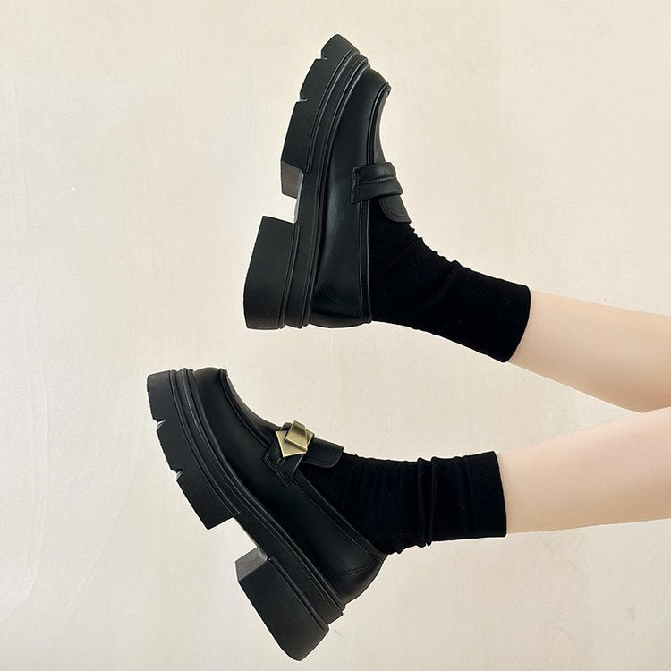 Women's Black Thick-soled British Style Small Spring Loafers