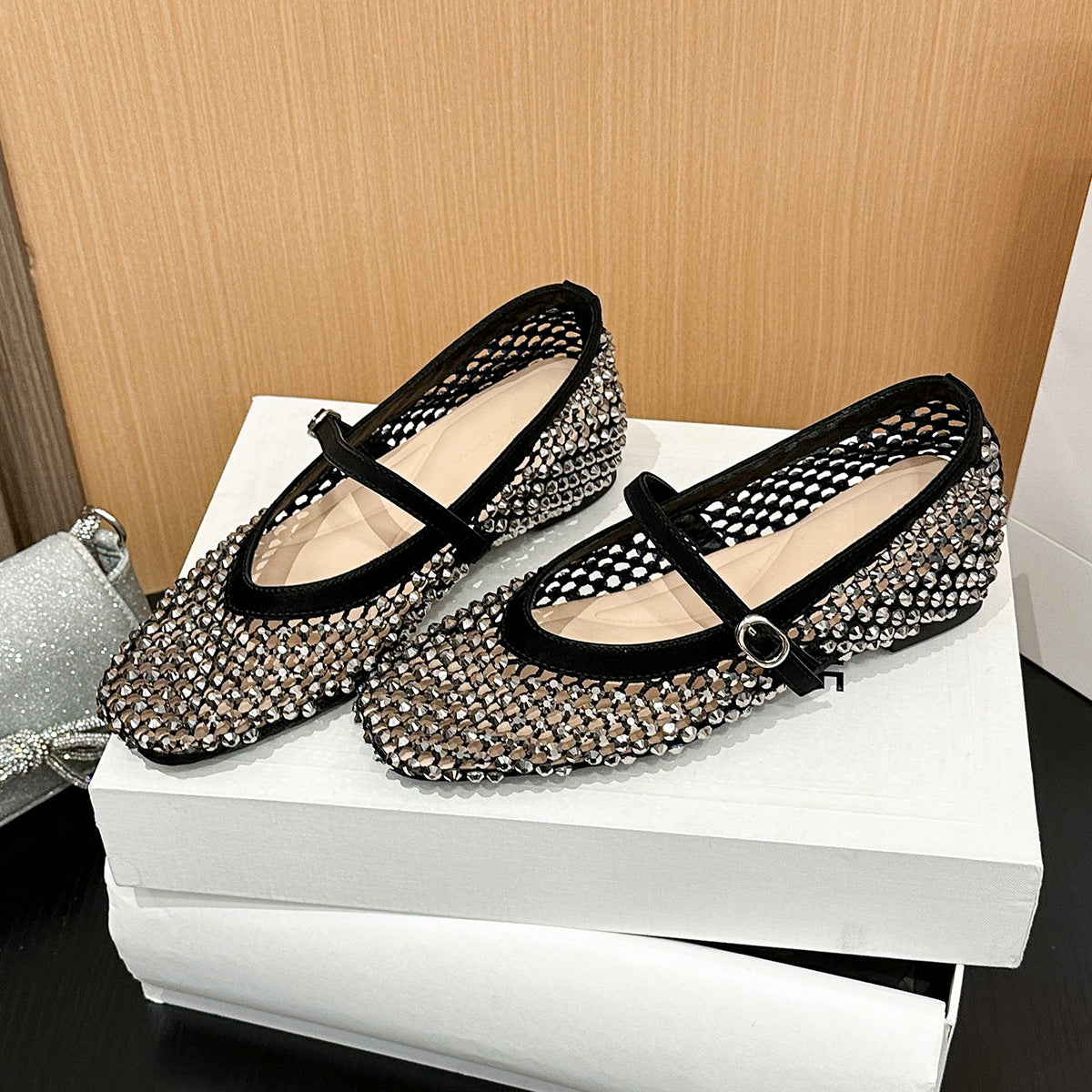 Women's Square Toe Rhinestone Mesh Hollow Out Back Open Mary Jane Women's Fashion Shoes