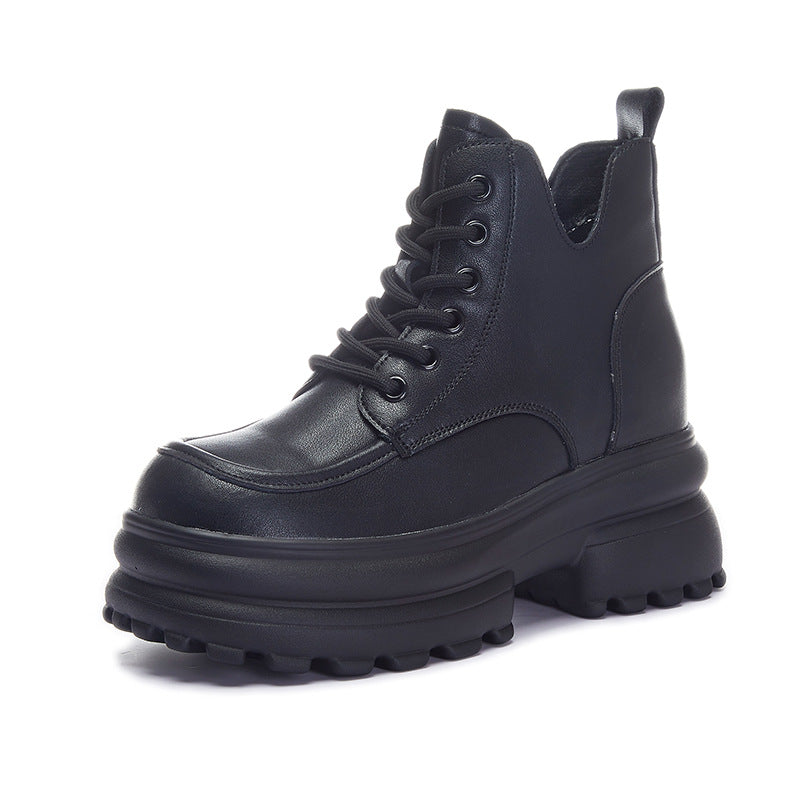 Women's Black Fashionable Ankle British Style Platform Boots