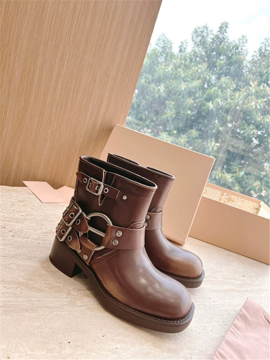 Women's Denim Metal Belt Buckle Booties Mid Boots