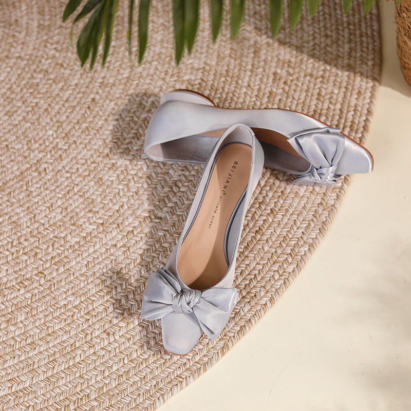 Women's Square Head Pumps Bow Chunky Low Women's Shoes