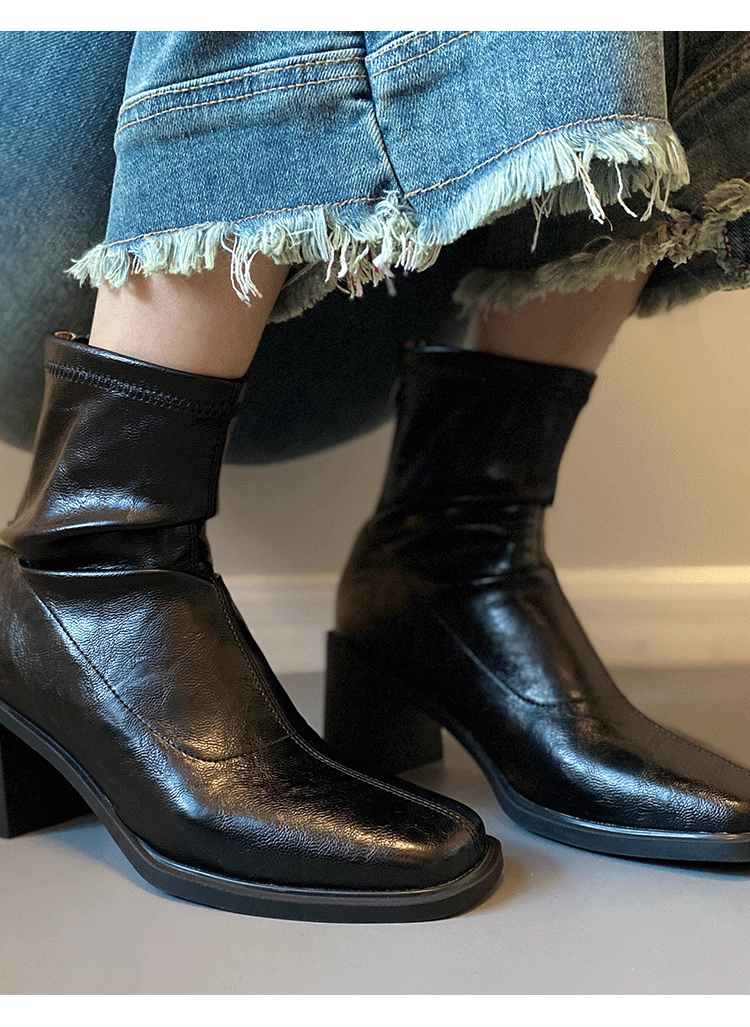 Women's High Mute Square Toe Skinny Ankle Thick Vintage Martin Heels