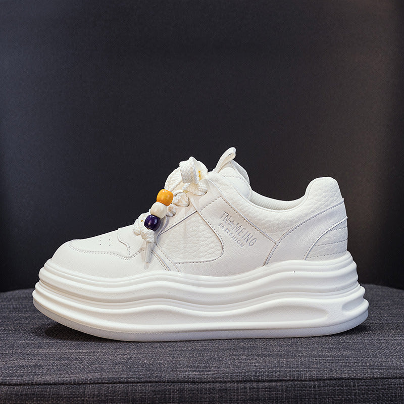 Women's White Autumn Round Toe Lace Up Height Casual Shoes