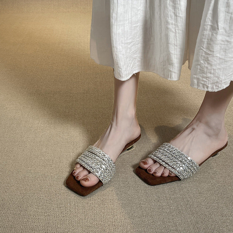 Delicate Rhinestone Slide Summer Wear Low Soft Bottom Wedge Slippers