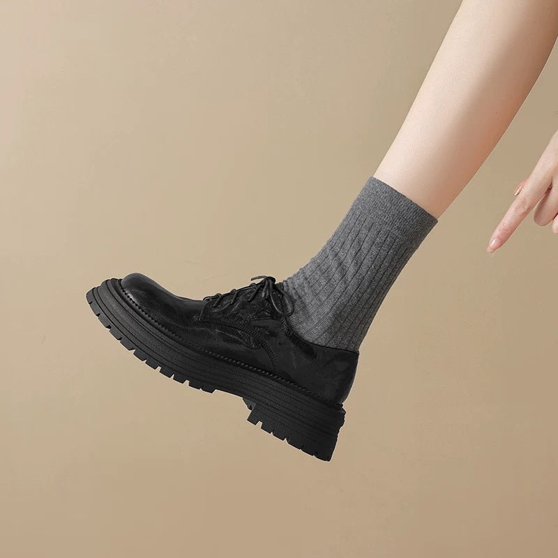 Women's Black Genuine Pumps Thick Bottom British Style Women's Casual Shoes